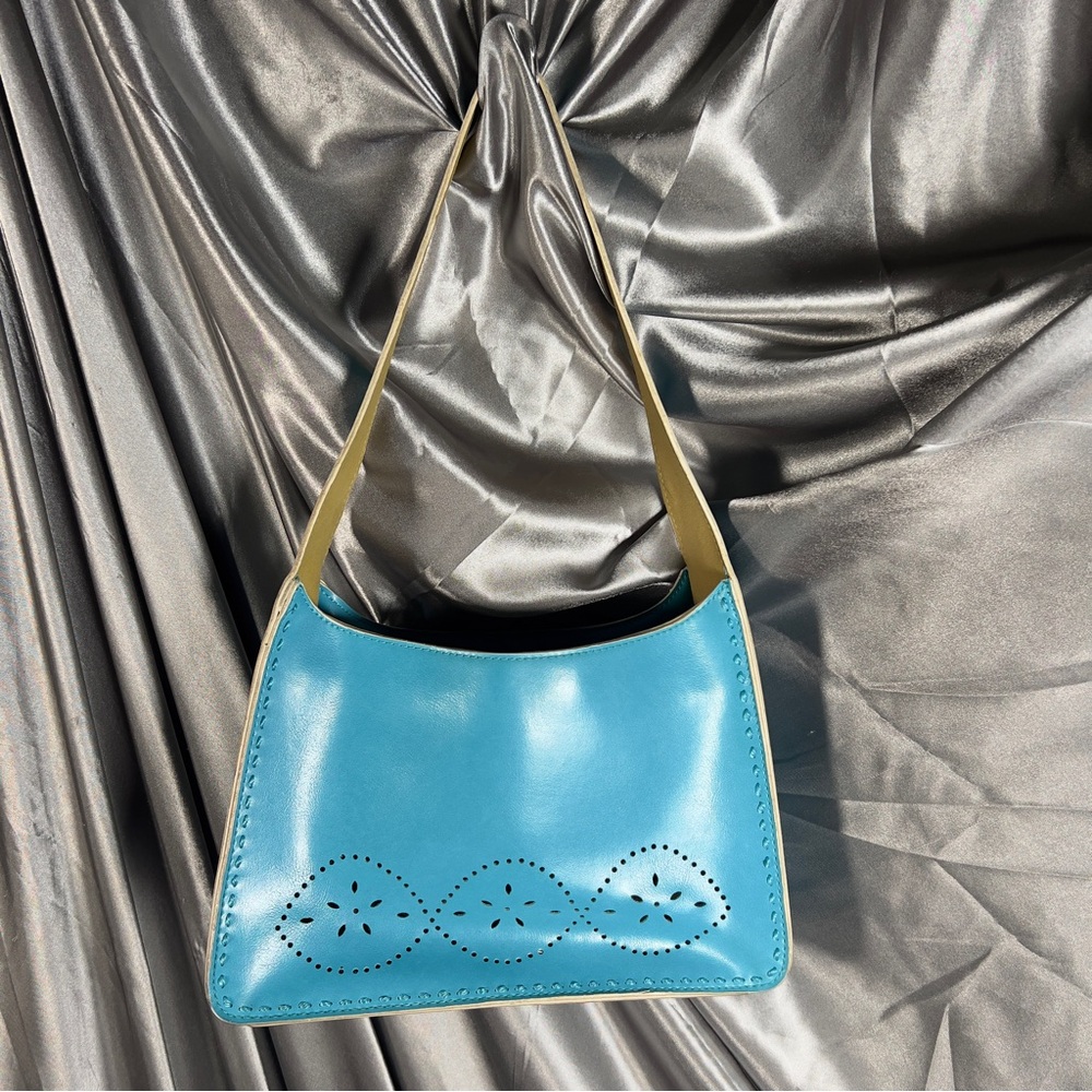 Mondani New York Floral Perforated Handbag‎ Purse Teal Blue Faux Leather Summer